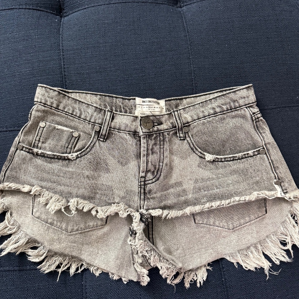 One Teaspoon Grey Frayed Denim Jean Shorts